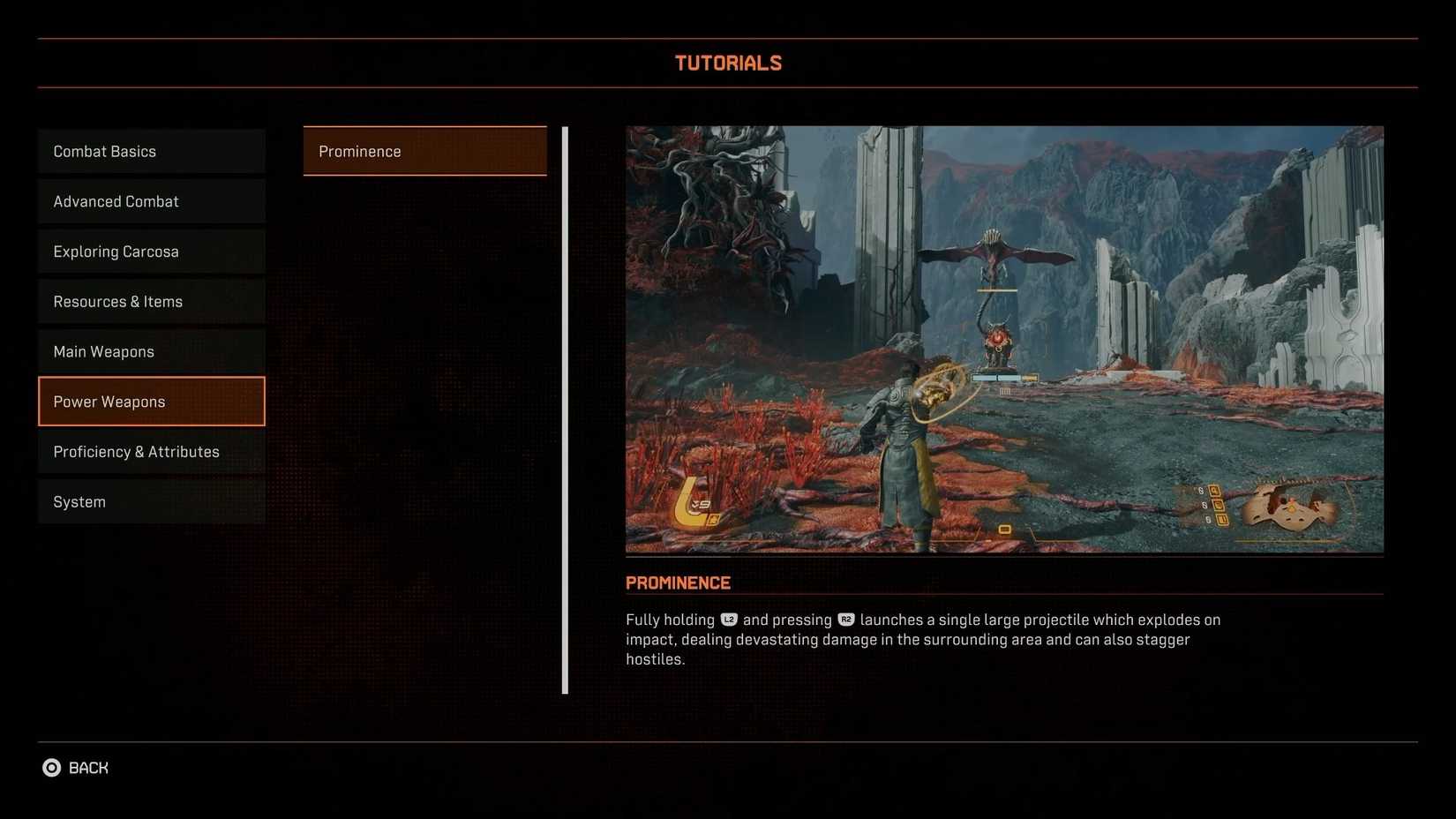 The tutorial screen for the Prominence power weapon in Saros.