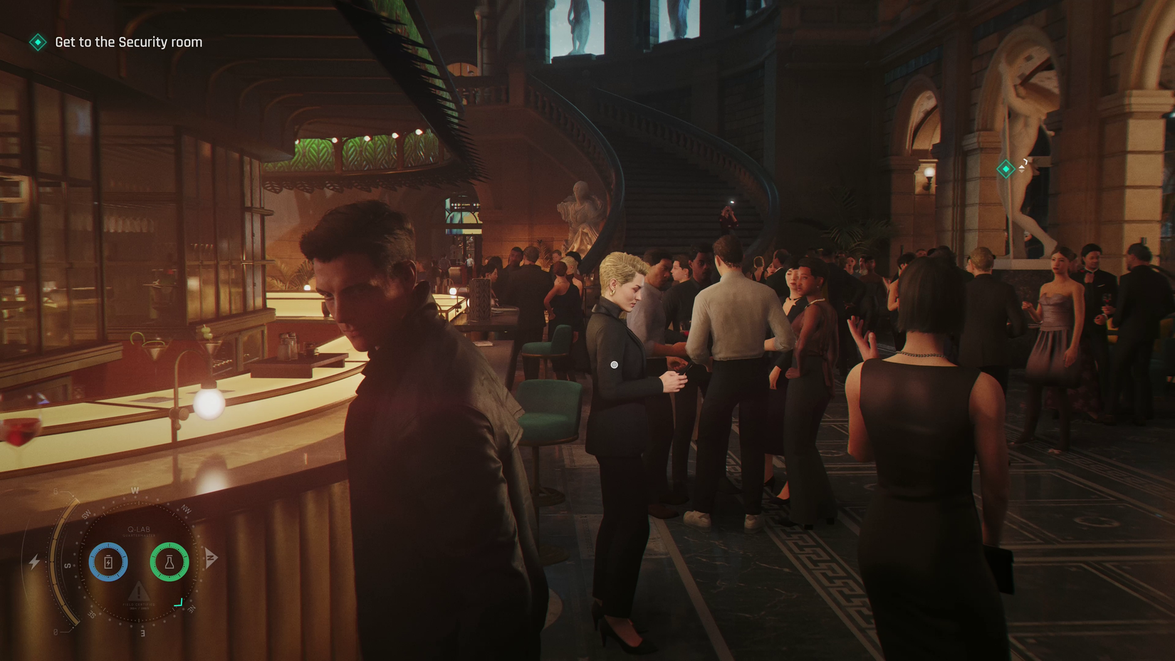 James Bond, dressed in a leather jacket, turns away from a fancy bar at a party