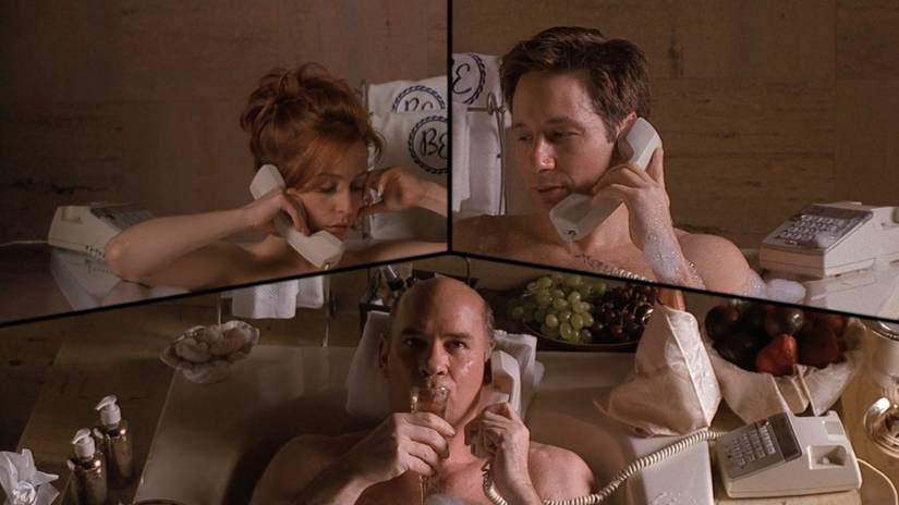 Mulder, Scully and Skinner all in bathtubs on a 3-way call