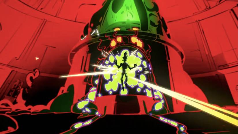 Lou Jitsu is being mutated in a mutation chamber. Six yellow pods are above him.