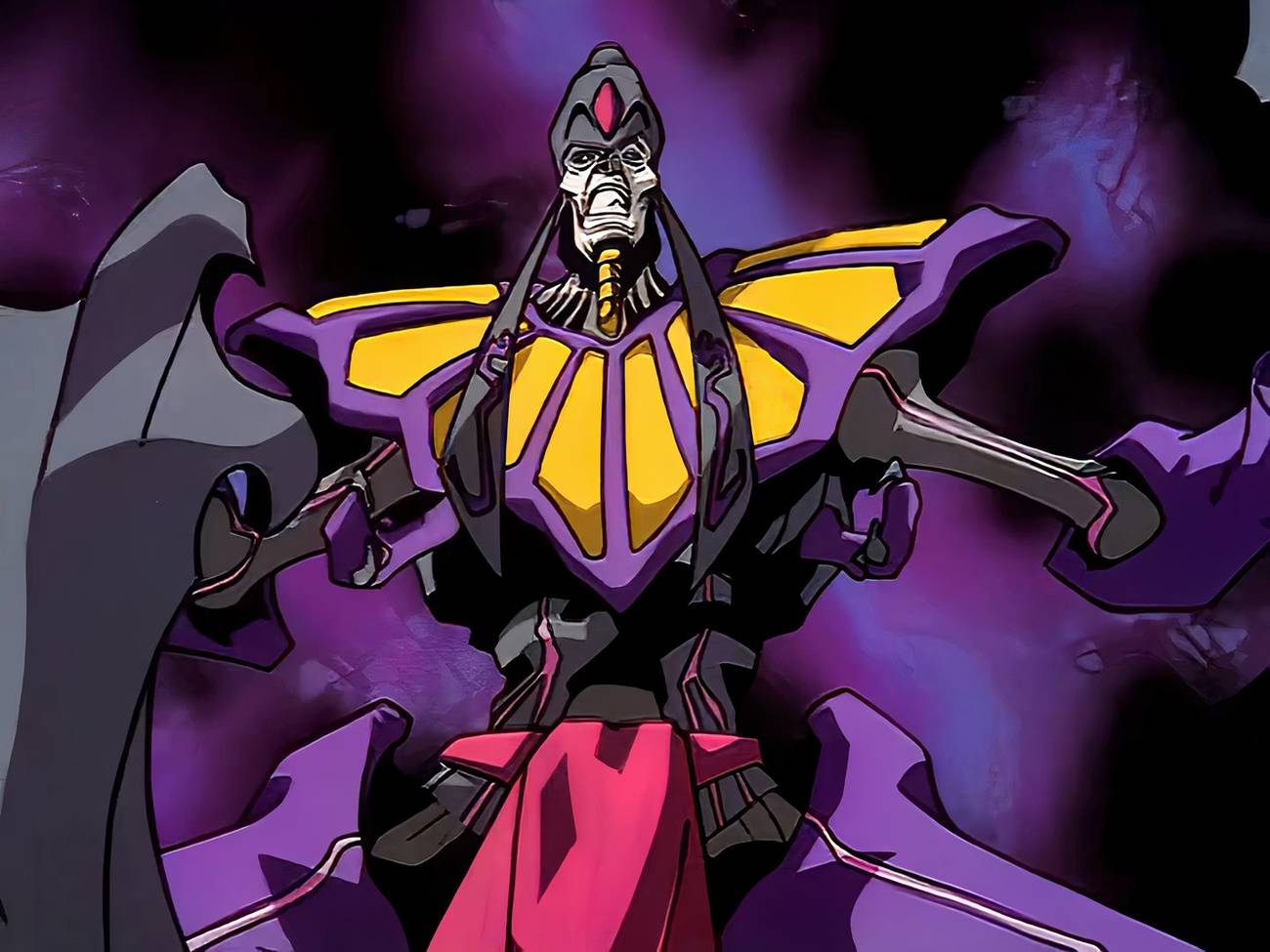Mummies Alive!'s villain, an anime-like undead character in purple and yellow, poses angrily
