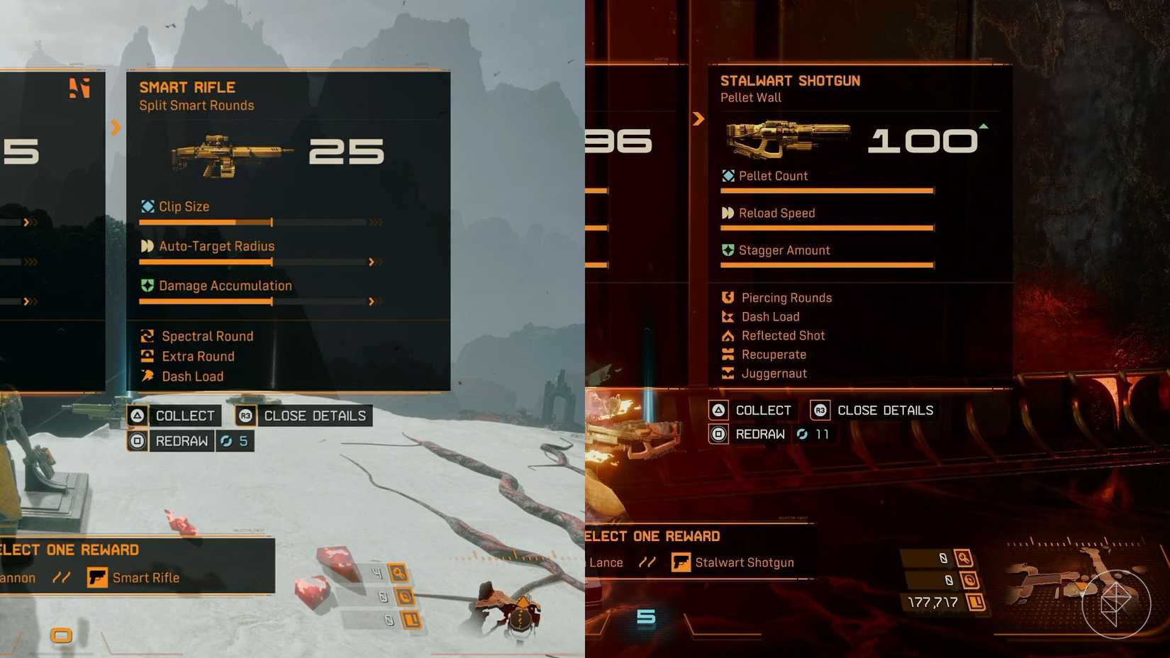 The details of a weapon at level 25 versus level 100 in Saros.