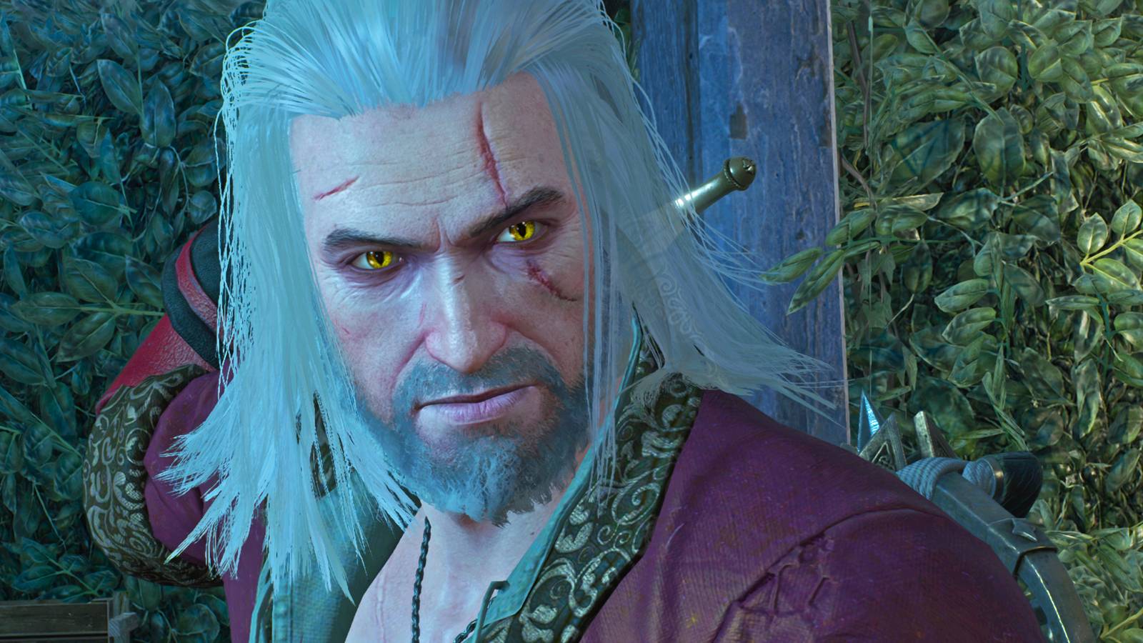 Una imagen de cerca de Geralt en la expansión Blood and Wine de The Witcher 3.