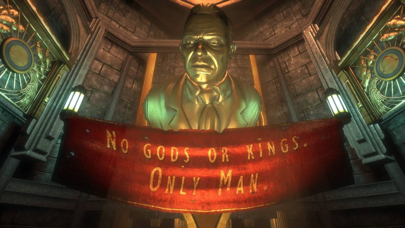 Andrew Ryan looms over his motto in BioShock