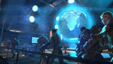 Soldiers with guns running past a holographic earth in a screenshot from XCOM Enemy Unknown Steam screen