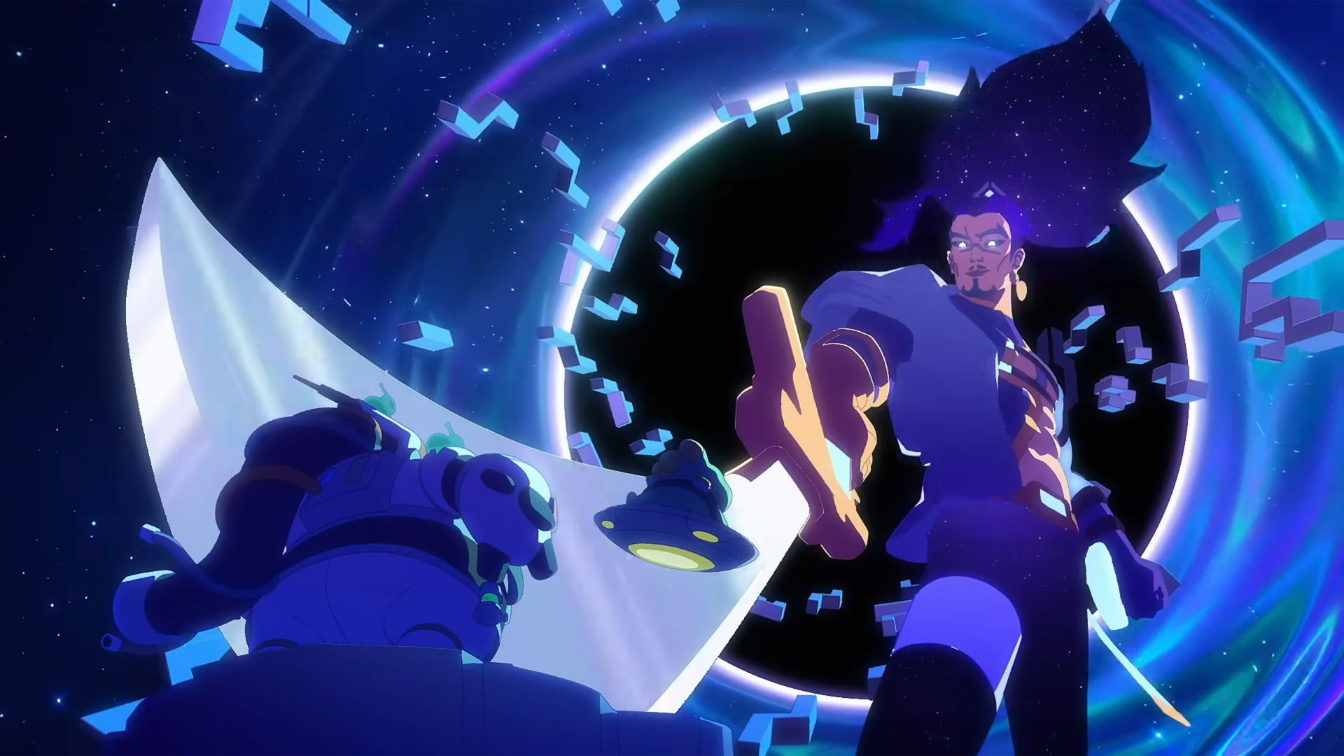 A cinematic view of an astronaut standing before a towering deity in space.