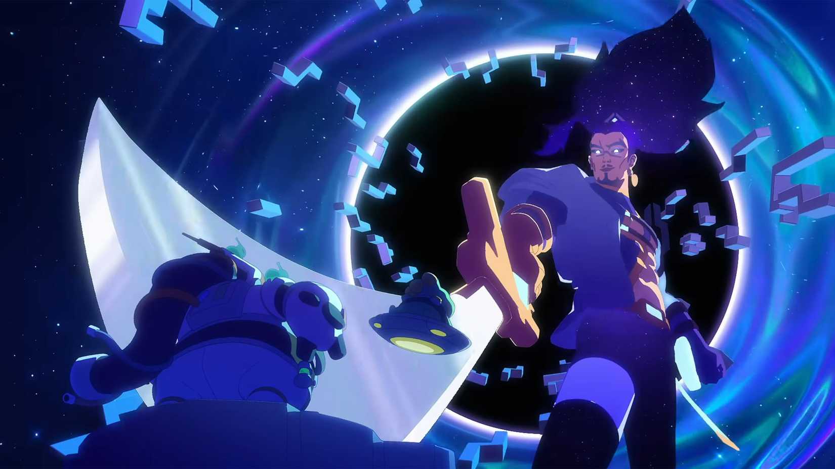 An astronaut and an alien standing before a large male god with a sword in front of a black hole in the distance.