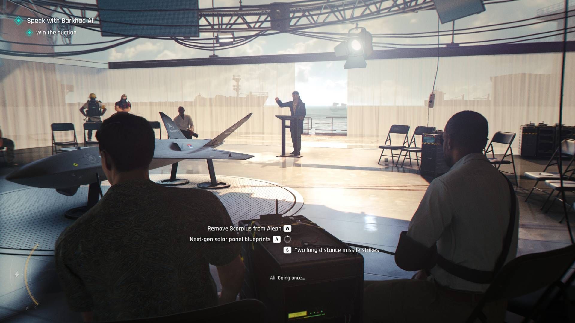 Bond at the auction in 007 First Light with three answers available.