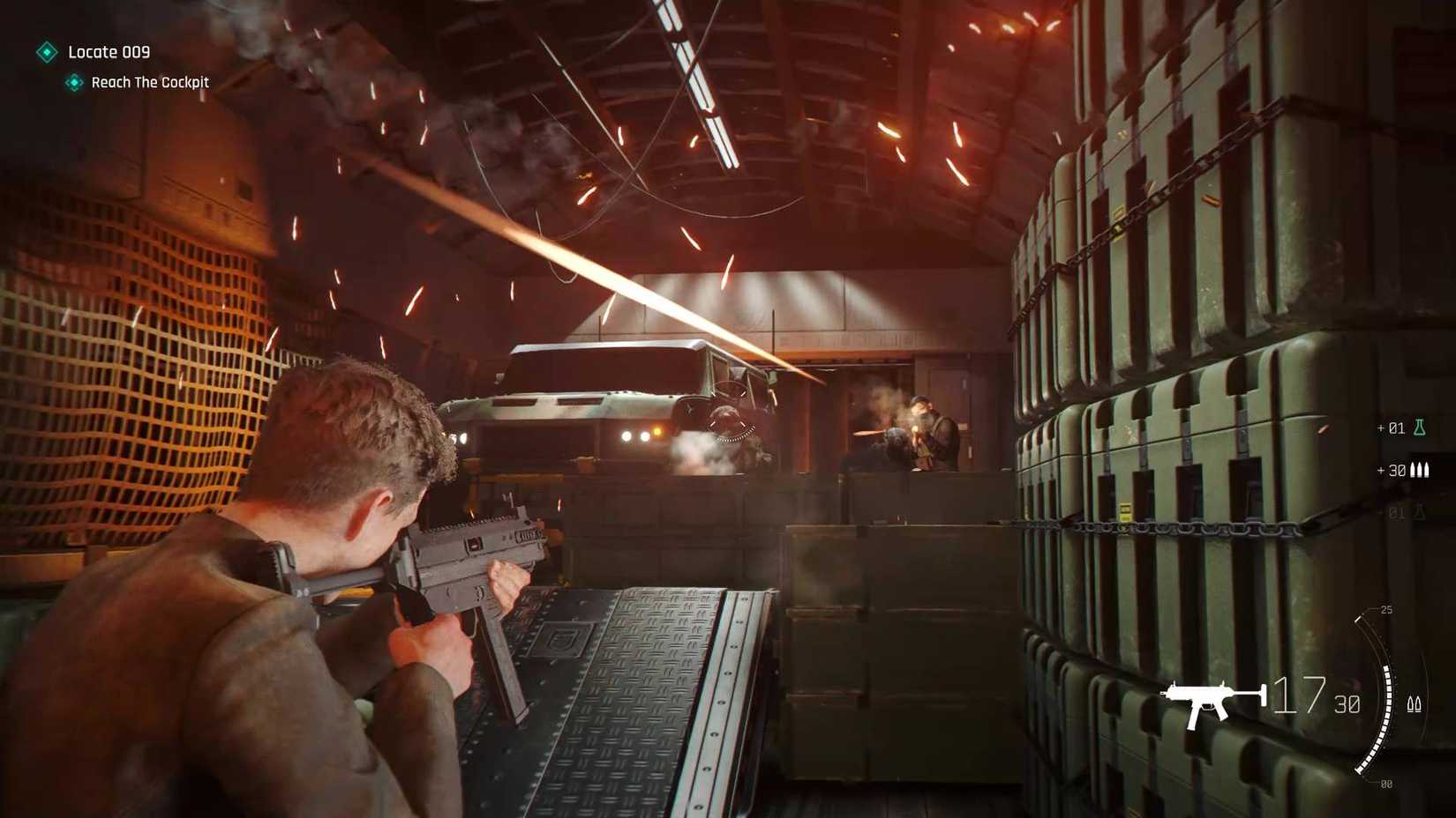 Bond shooting an SMG on a plane during 007 First Light.