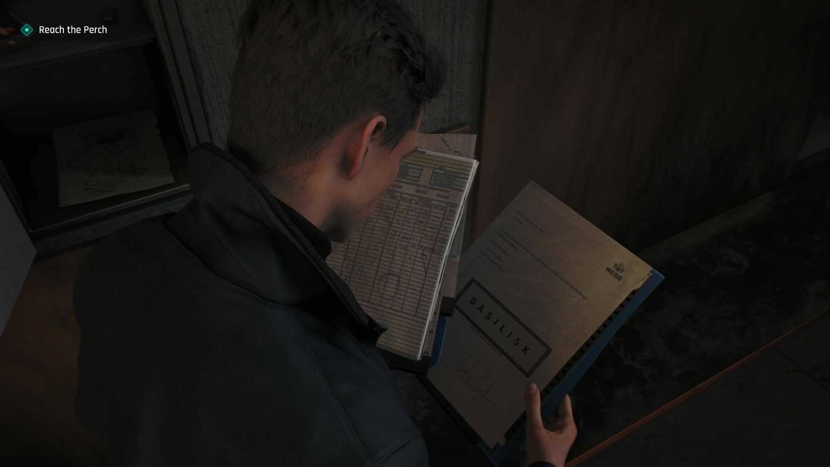 Bond inspecting the documents found in Sir Nicholas Webb's safe.