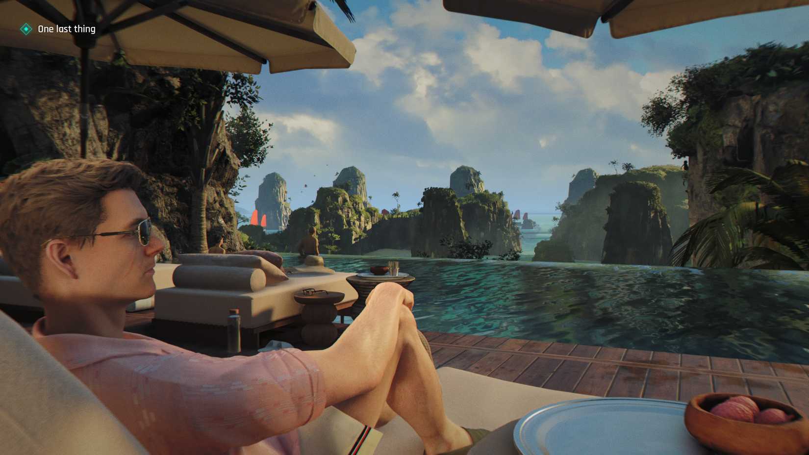 James Bond lounges in a chaise by a pool in 007 First Light
