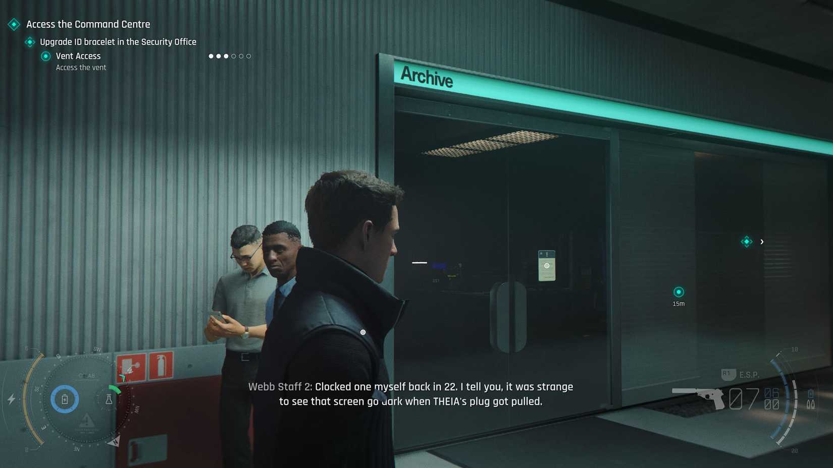 A 007 First Light screenshot showing Bond standing in front of the archive room