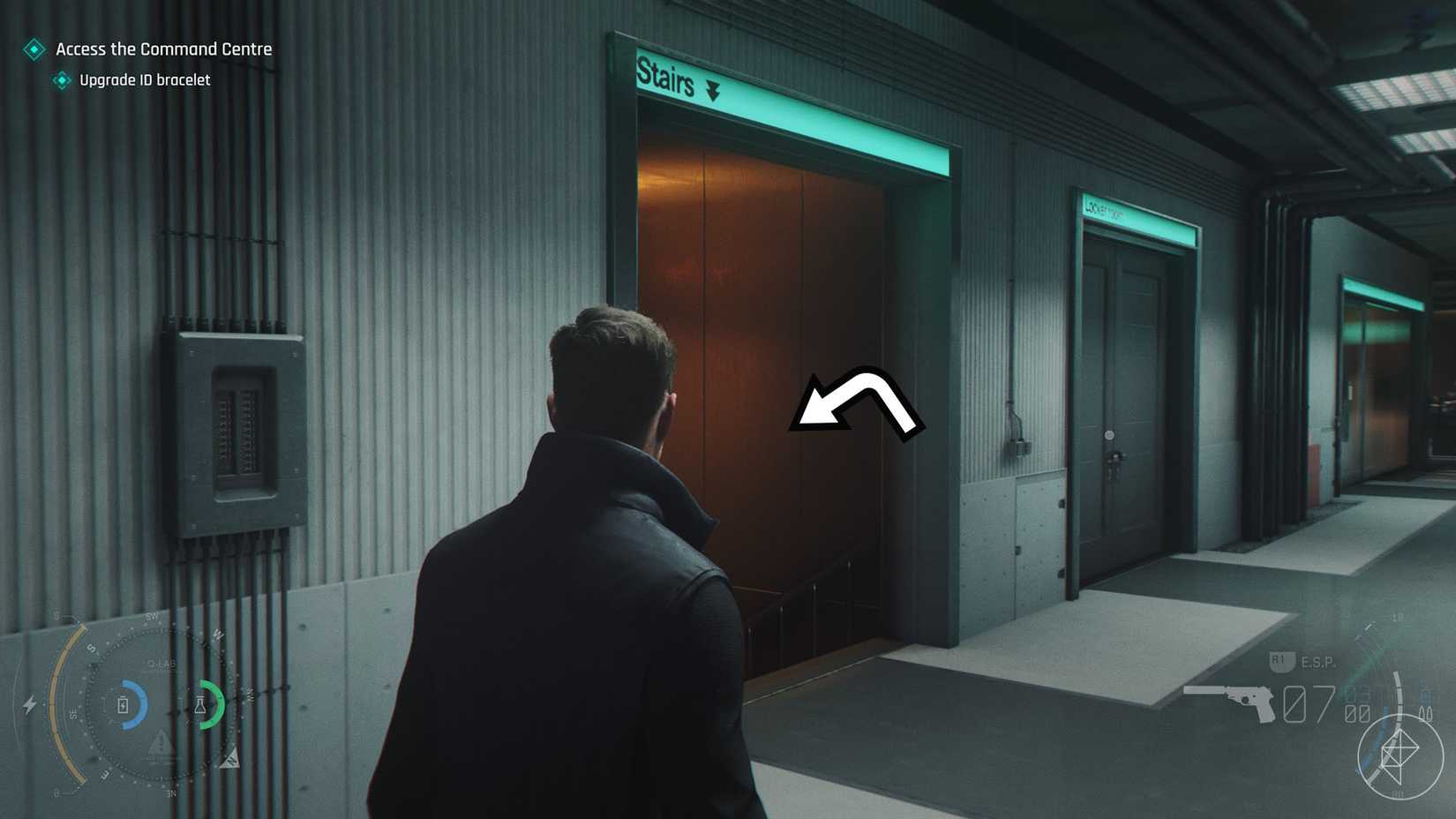 A 007 First Light screenshot showing the stairs that take you below the security office in chapter 16