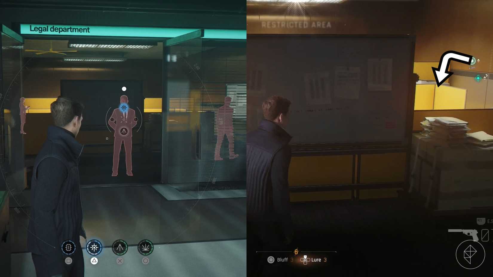 A montage of two 007 First Light screenshots showing the legal department room and the cubicle where you find the safe key