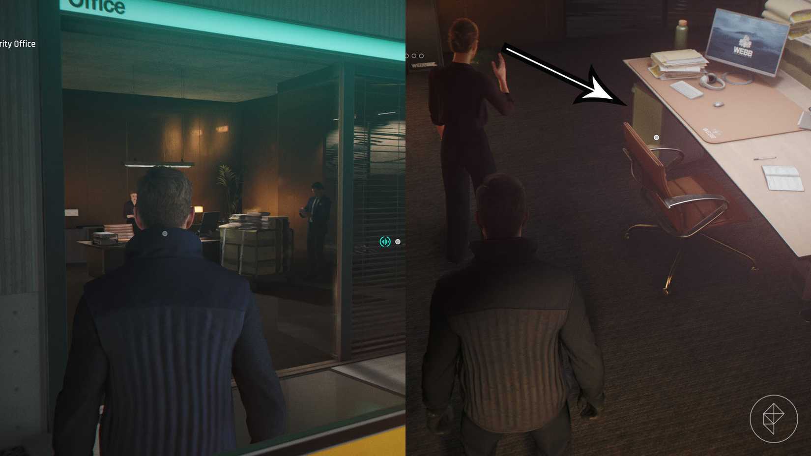 A montage of two 007 First Light screenshots showing the safe location where you find the archive room code