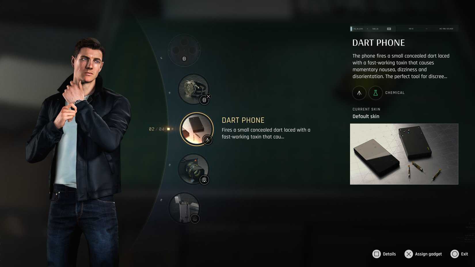A 007 First Light screenshot showing the list of gadgets Bond has access to