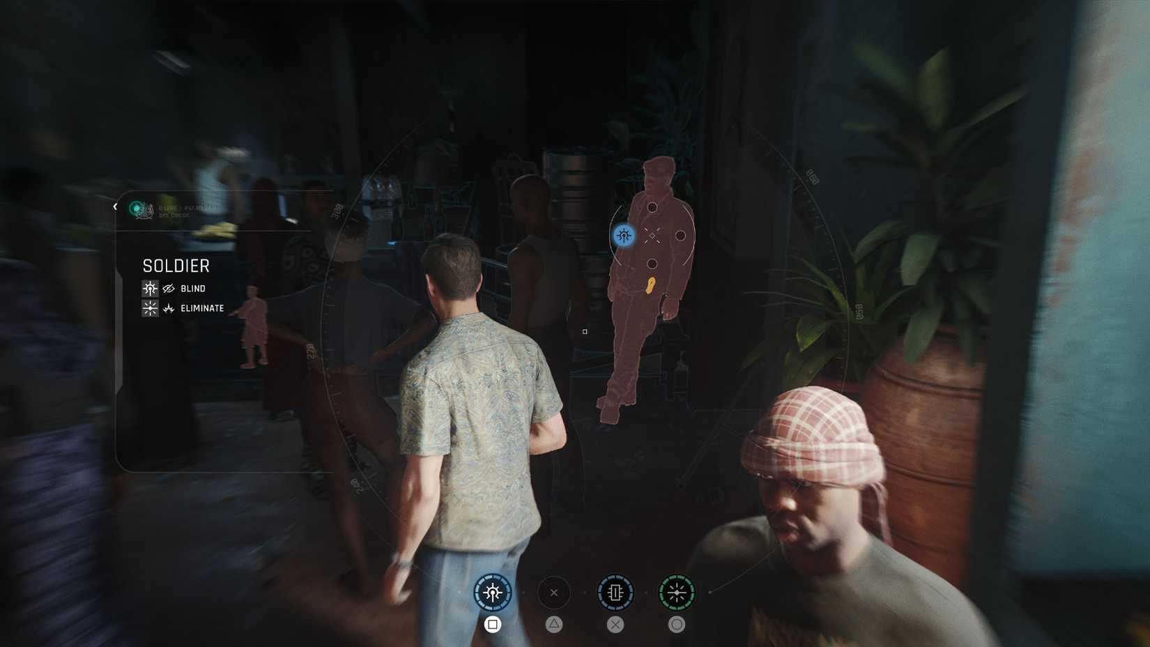A 007 First Light screenshot showing Bon using the Q-Lens to scan a soldier and see their items