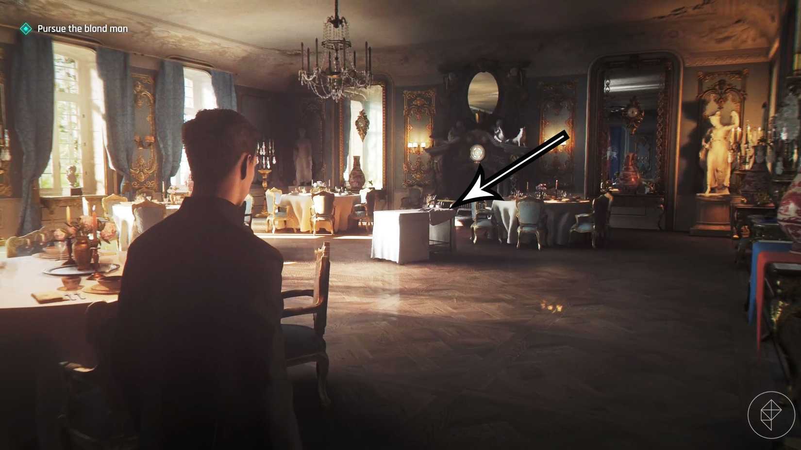A 007 First Light screenshot showing where you can find the first clue to open the fireplace in the Slovakia hotel