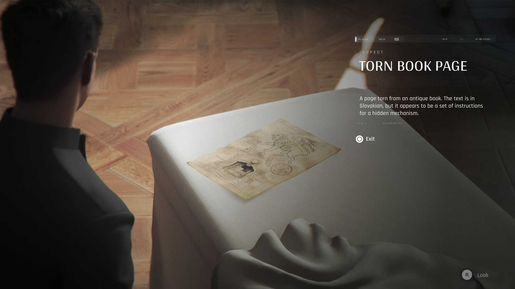 A 007 First Light screenshot showing the torn book page item you find in the dining room