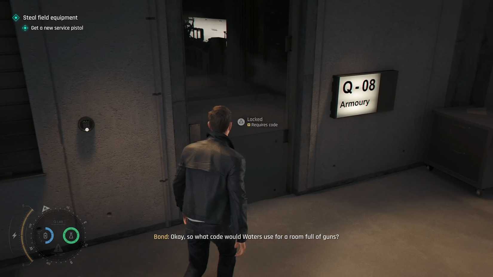 A 007 First Light screenshot showing Bond in front of the Q-08 armory room