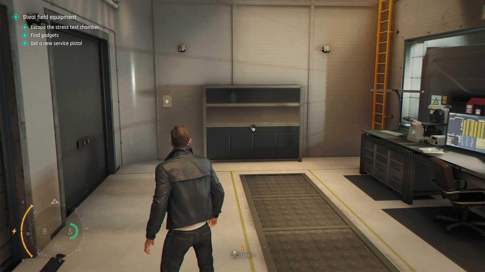 A 007 First Light screenshot showing Bond inside the stress test room looking at a cabinet