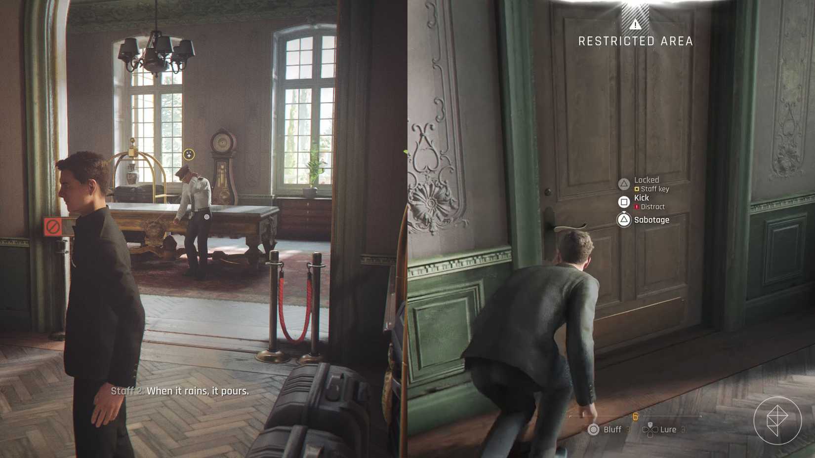 Un montage de deux captures d'écran de 007 First Light montrant où vous pouvez utiliser la clé du personnel pour entrer dans le bureau du manager.