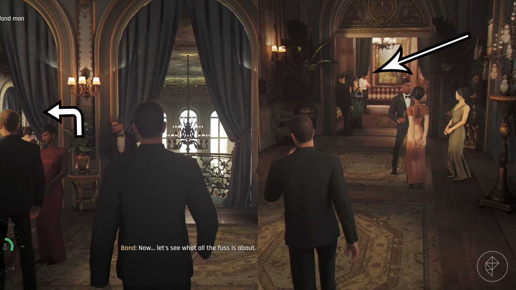 A 007 First Light screenshot showing where you can find the staff member from whom you can steal the staff key