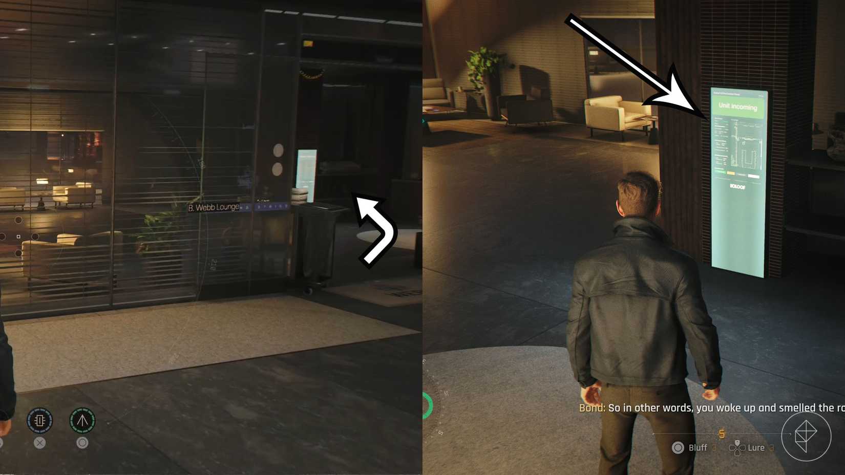 A montage of two 007 First Light screenshots showing how to call a cleaning robot in the Webb industries