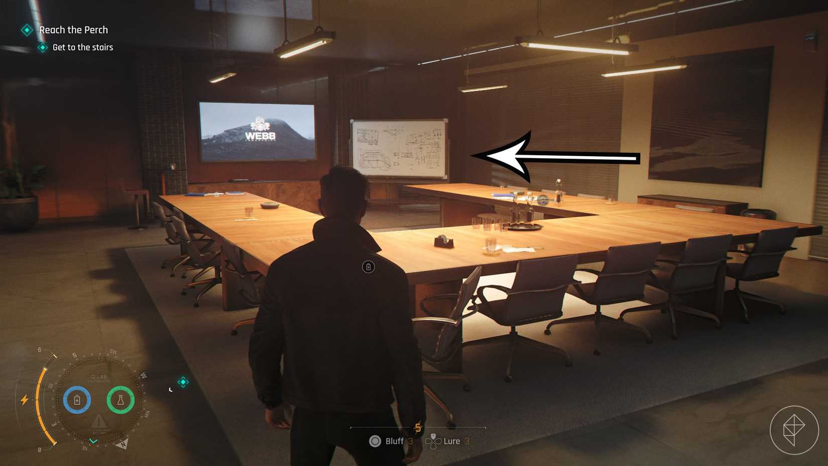 A 007 First Light screenshot showing a meeting room with a whiteboard
