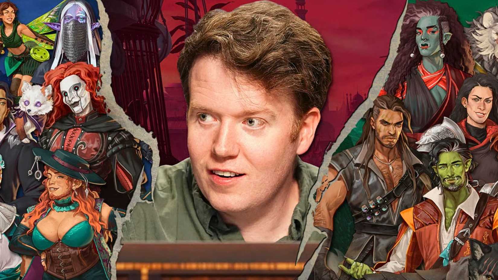 An image featuring Brennan Lee Mulligan at the center. On each side is a collection of Campaign 4 characters.