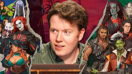 An image featuring Brennan Lee Mulligan at the center. On each side is a collection of Campaign 4 characters.