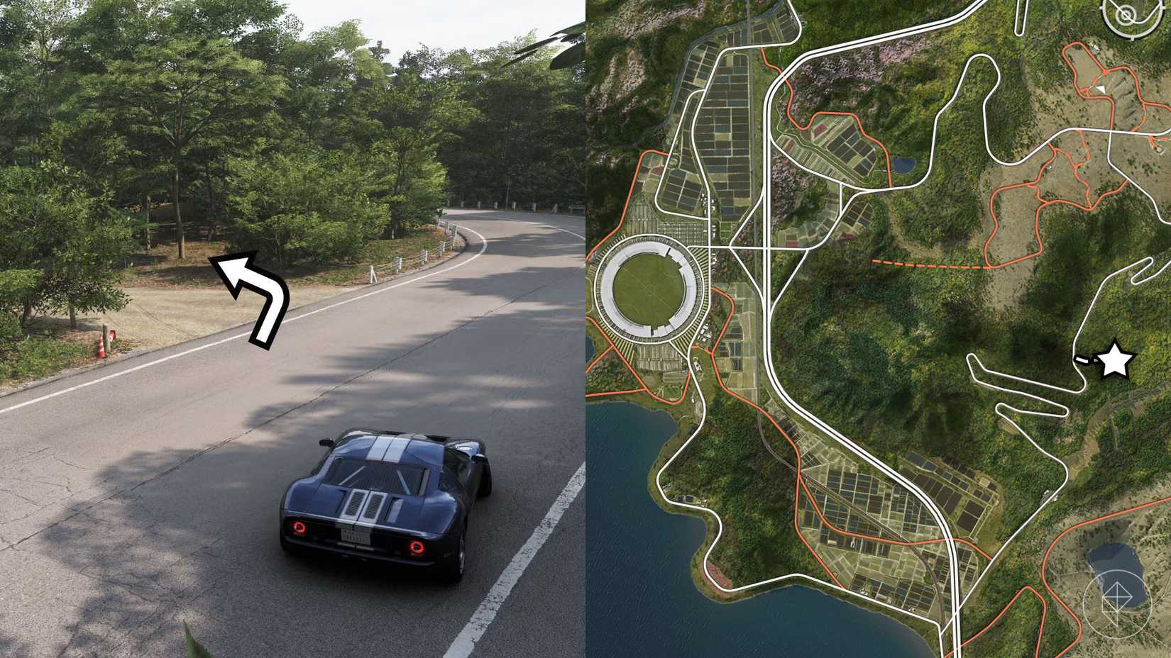 The location of the Mitsubishi Montero Evolution barn find marked on the Forza Horizon 6 map with a star.
