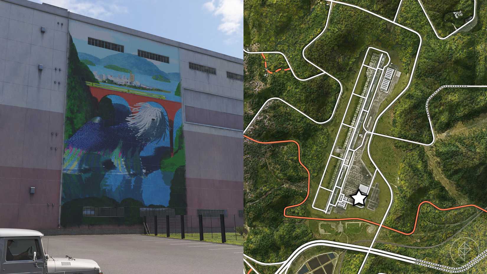 A mural featuring a bridge and a city skyline on the side of a large building in Forza Horizon 6.
