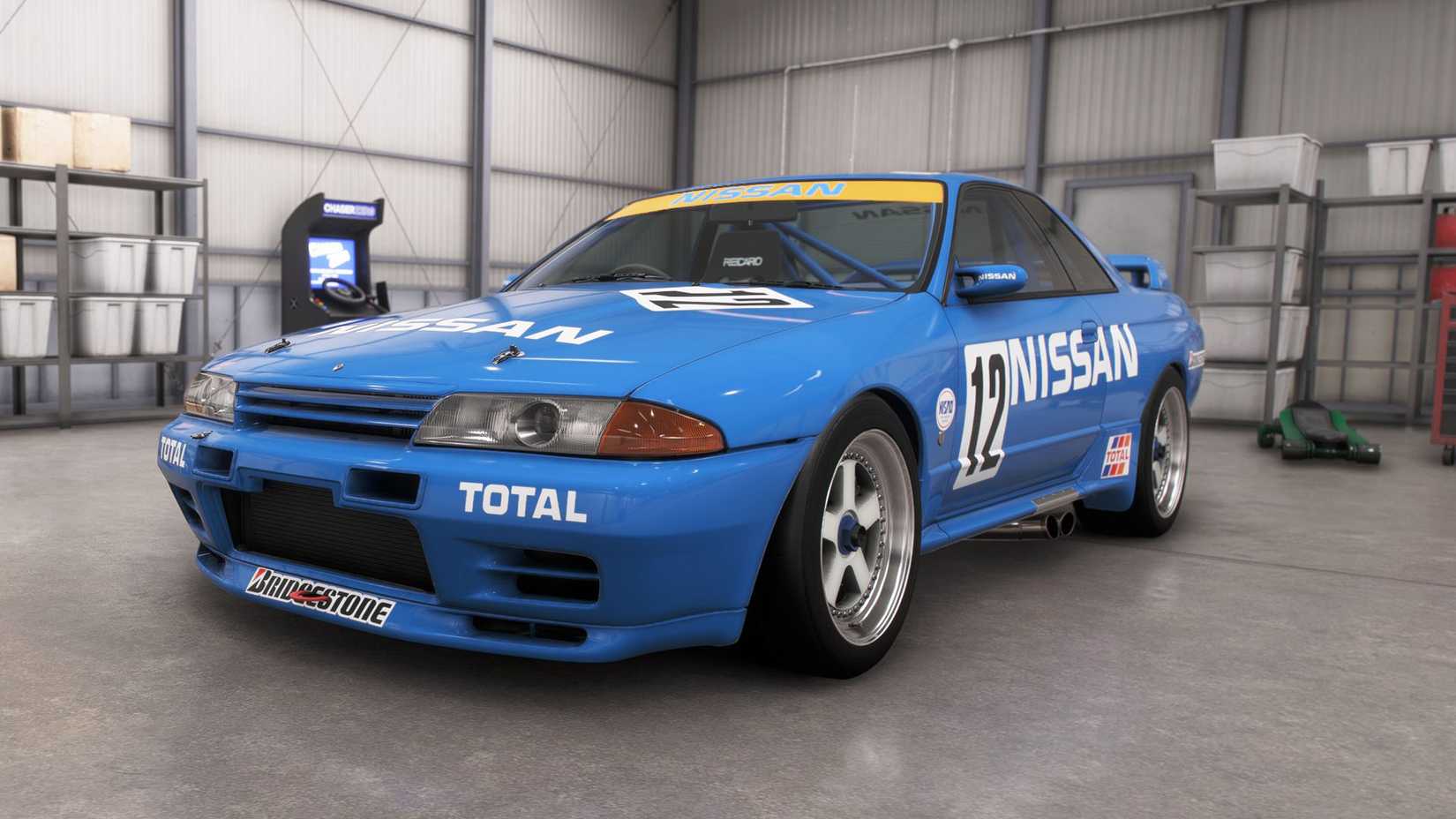 The Nissan #12 Skyline GT-R (BNR32 GR.A) JTC, a blue racing car, in Forza Horizon 6.