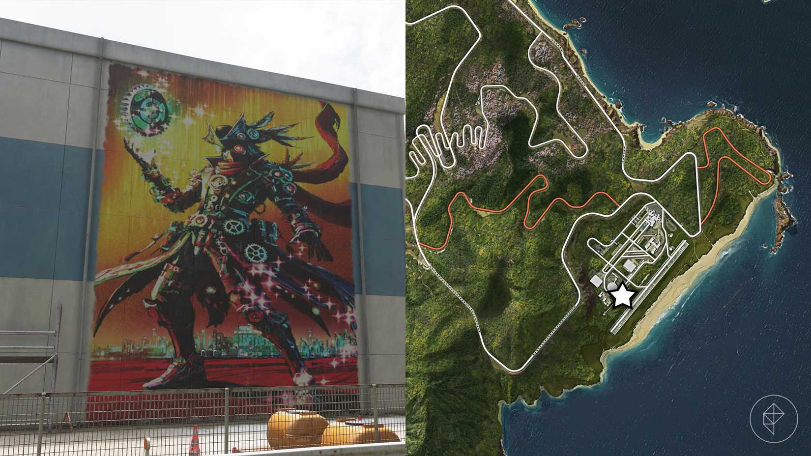 A mural featuring a person with gears and a tricorne hat in Forza Horizon 6.