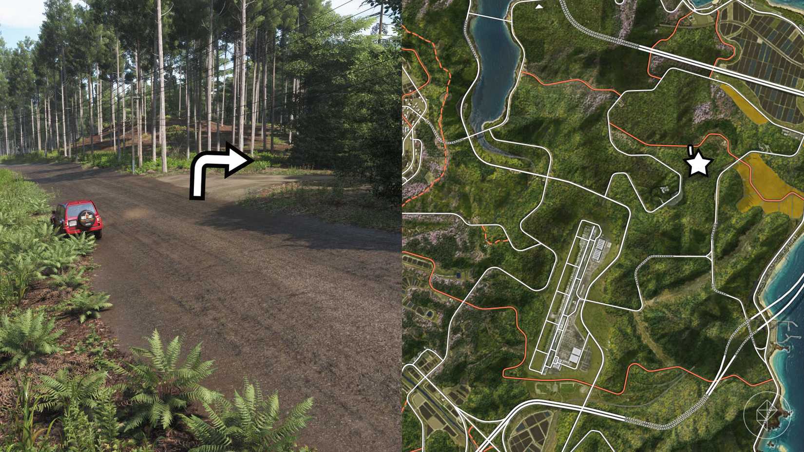 The location of the Nissan #11 Tomica Skyline Turbo Super Silhouette marked on the Forza Horizon 6 map with a star.
