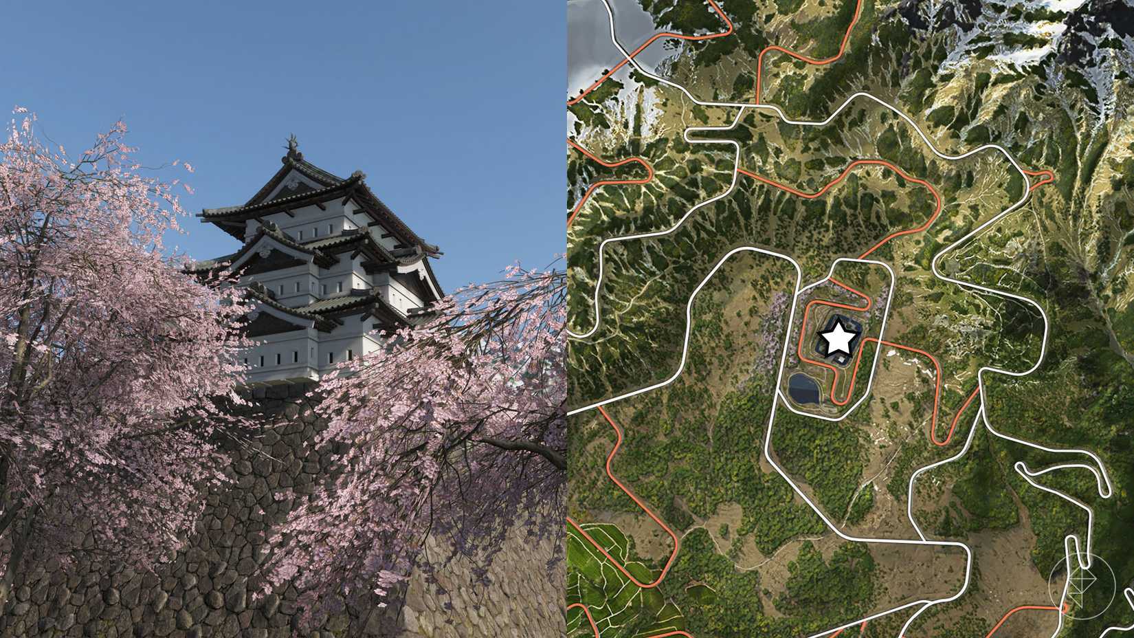 A white Japanese castle sitting atop a platform with cherry blossom trees in front of it in Forza Horizon 6.