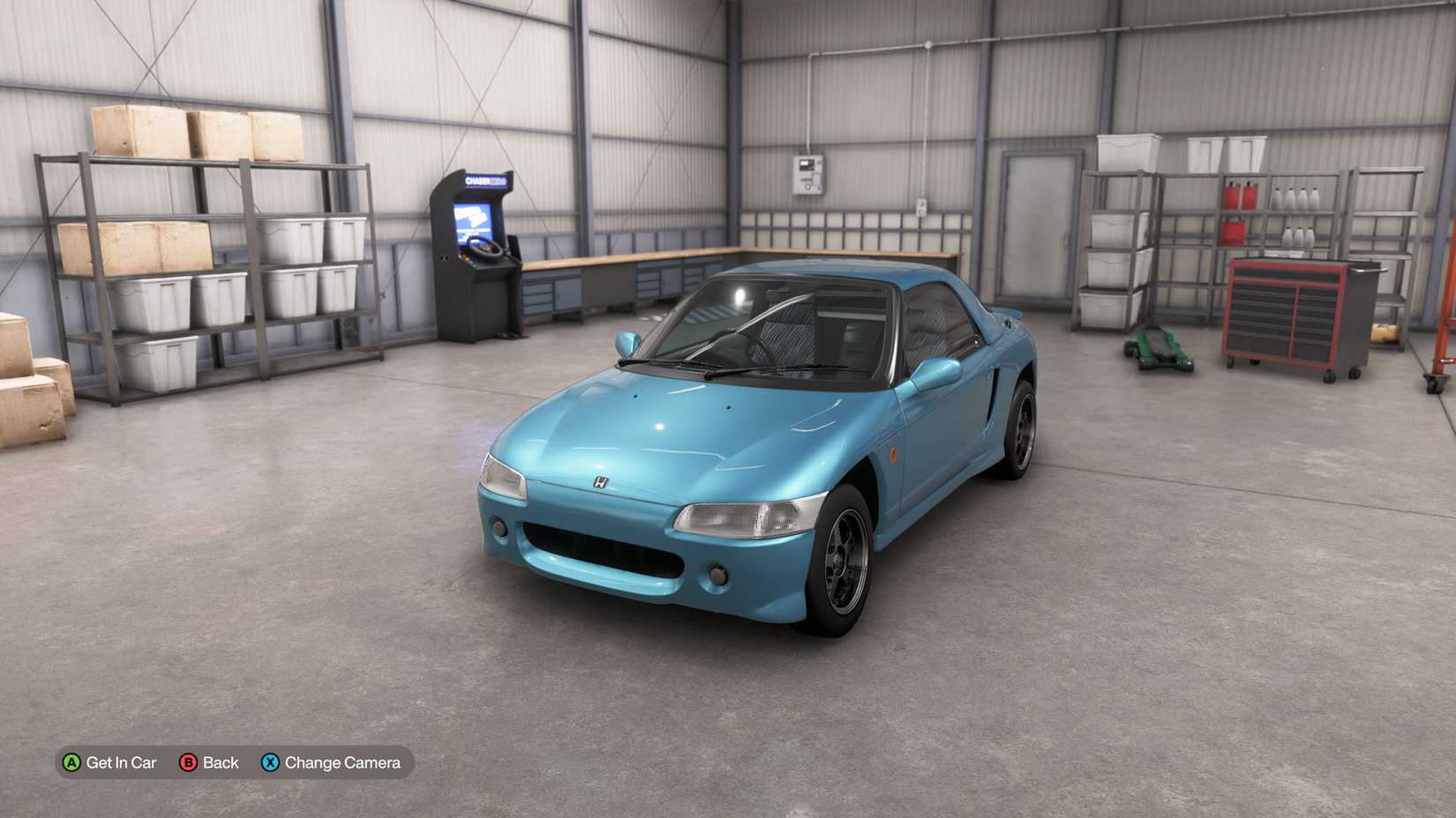 The 1991 Honda Beat, a blue sports car, sitting in a garage in Forza Horizon 6.