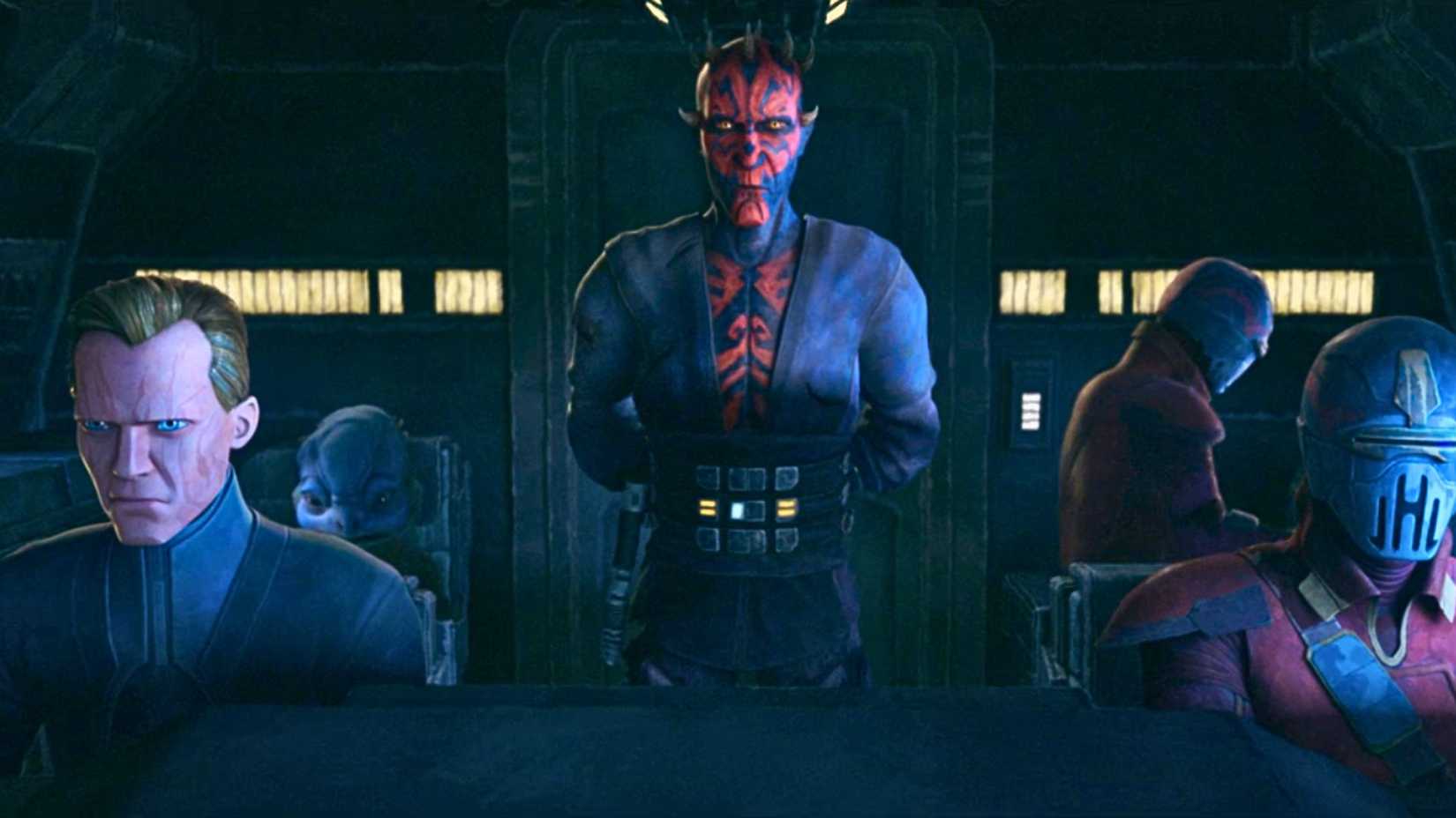 An image from Maul — Shadow Lord season 1. Darth Maul, a red and black skinned Zabrak, stands with his arms behind him on a ship. On his left is Dryden Vos, a human with deep scarring on his face and blonde hair.