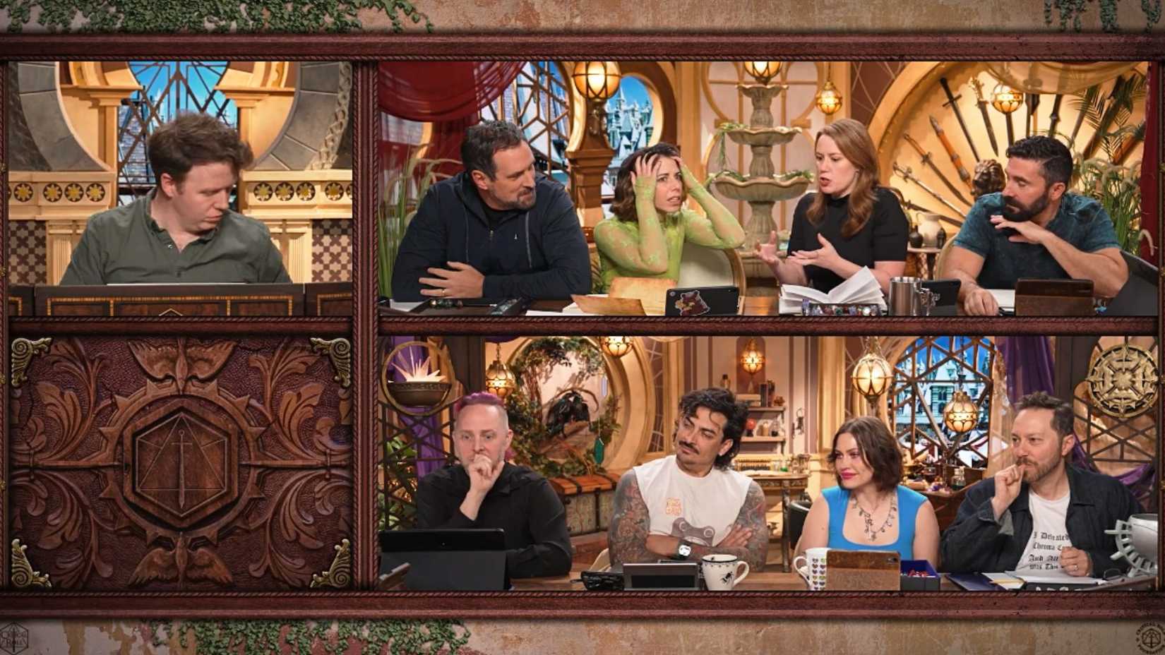 Episode 26 of Critical Role Campaign 4. It shows eight players at a table, speaking animatedly. To the left of them sits their DM, Brennan Lee Mulligan.