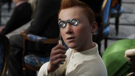 Tintin looking through opera glasses