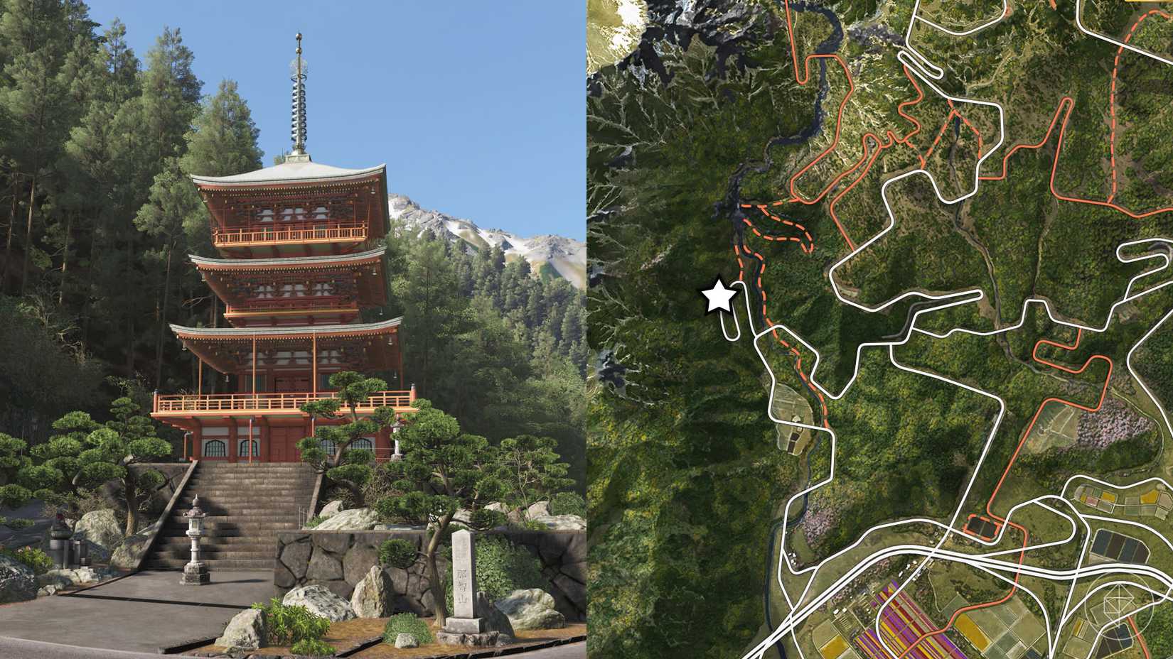 A red pagoda temple in front of trees and a mountain range in Forza Horizon 6.