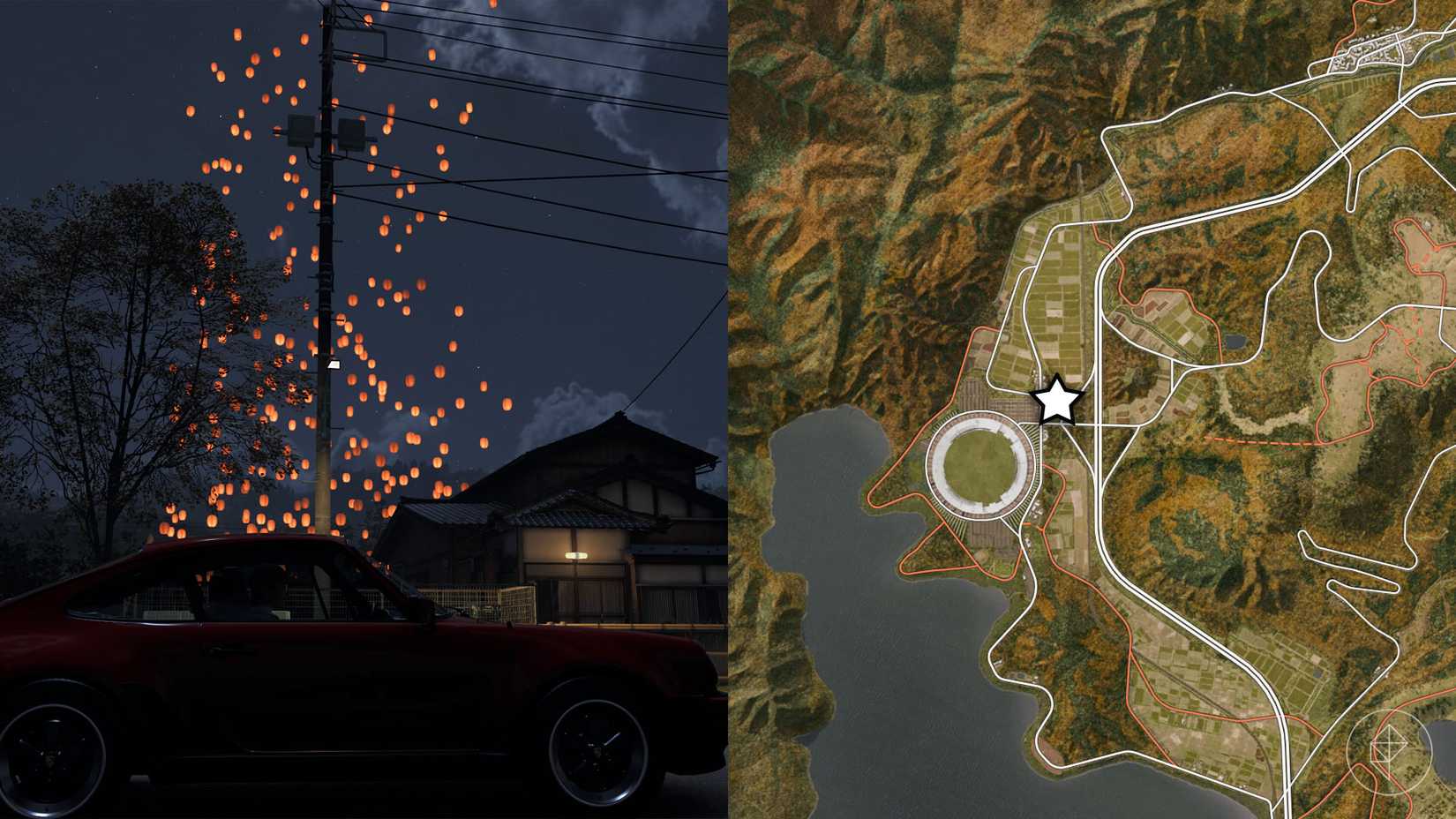 Lit up lanterns floating in the air in the night sky in Forza Horizon 6 along with its location marked on the map.