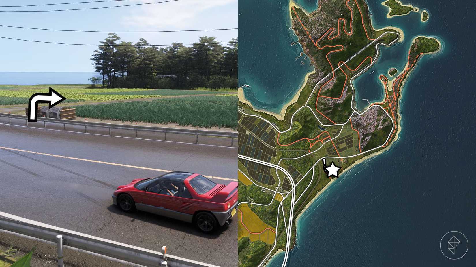 The location of the Toyota 2000 GT barn find marked on the Forza Horizon 6 map with a star.