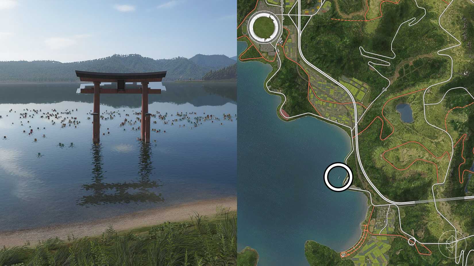 A torii gate in the water surrounded by a bunch of water lanterns in Forza Horizon 6.