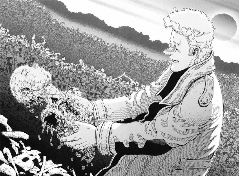 A man finds a battered cyborg body in the trash heap in Battle Angel Alita