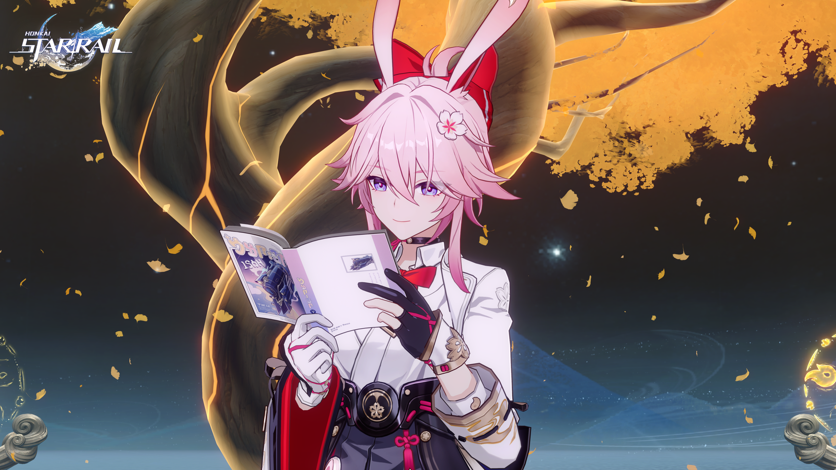 Evanescia in Honkai: Star Rail, a pink-haired girl with long ears reading a book.