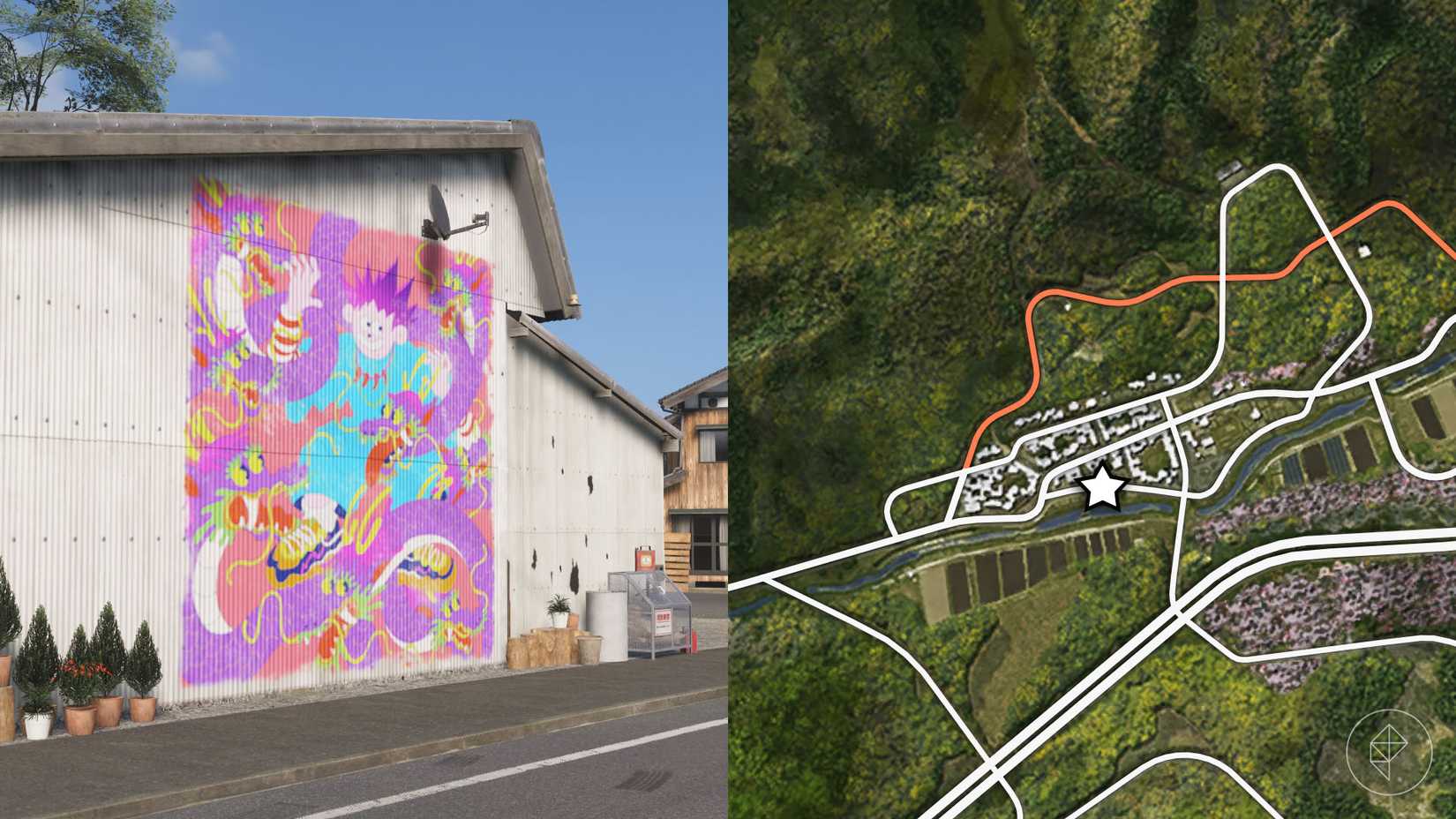 A colorful mural on the side of a building featuring a man and a couple dragons in Forza Horizon 6.