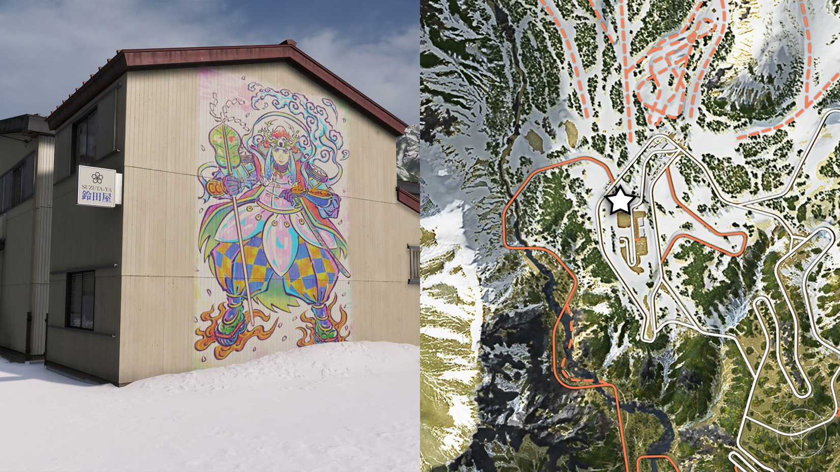 A mural featuring a japanese warrior on the side of a building in a snowy area in Forza Horizon 6.