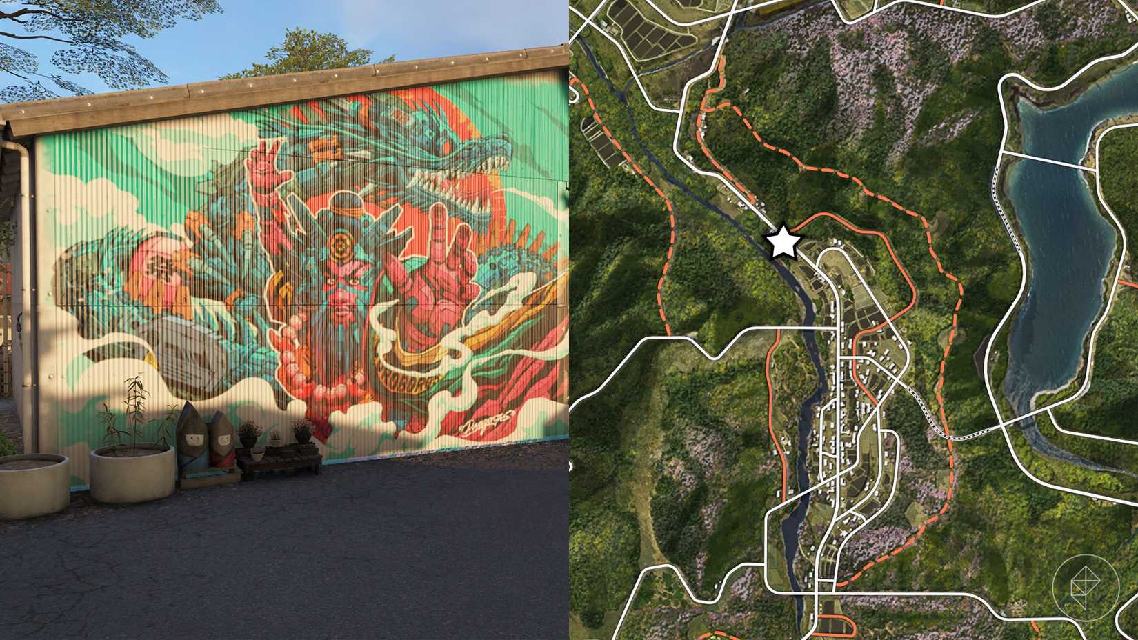A red and green mural featuring a man and a dragon on the side of a building in Forza Horizon 6.